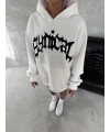 Lushiowear Kadın Oversize Kapüşonlu Cepli Baskılı 3 İplik Pamuklu Hoodie Sweatshirt - Beyaz