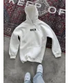 Lushiowear Kadın Kapüşonlu Kanguru Cepli Sweatshirt 3 İplik Pamuklu Baskılı Hoodie - Beyaz