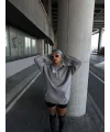 Lushiowear Kadın Kapüşonlu Kanguru Cepli Sweatshirt 3 İplik Pamuklu Baskılı Hoodie - Gri