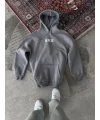 Lushiowear Kadın Kapüşonlu Kanguru Cepli Sweatshirt 3 İplik Pamuklu Baskılı Hoodie - Gri
