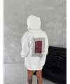 Lushiowear Kadın Kapüşonlu Kanguru Cepli Sweatshirt 3 İplik Pamuklu Baskılı Hoodie - Beyaz