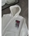 Lushiowear Kadın Kapüşonlu Kanguru Cepli Sweatshirt 3 İplik Pamuklu Baskılı Hoodie - Beyaz