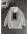 Lushiowear Kadın Kapüşonlu Kanguru Cepli Sweatshirt 3 İplik Pamuklu Baskılı Hoodie - Beyaz