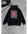 Lushiowear Kadın Kapüşonlu Kanguru Cepli Sweatshirt 3 İplik Pamuklu Baskılı Hoodie - Siyah