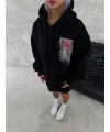 Lushiowear Kadın Kapüşonlu Kanguru Cepli Sweatshirt 3 İplik Pamuklu Baskılı Hoodie - Siyah