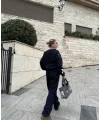 Lushiowear Kadın V Yaka 3 İplik Pamuklu Baskılı Eşofman ikili Takım - Siyah