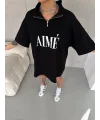 Lushiowear Kadın Yarım Fermuarlı Tişört Baskılı T-Shirt - Siyah