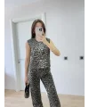 Lushiowear leopar desenli Düğmeli Bluzlu Pantolon İkili Takım -Leopar