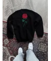 Lushiowear Kadın Oversize Kapüşonlu Cepli GÜL Baskılı 3 İplik Pamuklu Hoodie Sweatshirt - Siyah
