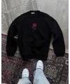 Lushiowear Kadın Oversize Kapüşonlu Cepli GÜL Baskılı 3 İplik Pamuklu Hoodie Sweatshirt - Siyah