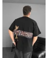 Ön ve Arka Baskılı Oversize Bisiklet Yaka T-shirt - Siyah