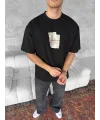 Ön ve Arka Baskılı Oversize Bisiklet Yaka T-shirt - Siyah