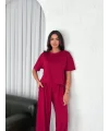Osy Modal Yumuşak Dokulu Kumaş Bisiklet Yaka T-shirt Bol paça Pantalon ikili Takım -Bordo