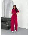Osy Modal Yumuşak Dokulu Kumaş Bisiklet Yaka T-shirt Bol paça Pantalon ikili Takım -Bordo