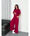Osy Modal Yumuşak Dokulu Kumaş Bisiklet Yaka T-shirt Bol paça Pantalon ikili Takım -Bordo