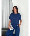 Osy Modal Yumuşak Dokulu Kumaş Bisiklet Yaka T-shirt Bol paça Pantalon ikili Takım -Saks Mavi