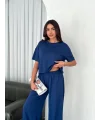 Osy Modal Yumuşak Dokulu Kumaş Bisiklet Yaka T-shirt Bol paça Pantalon ikili Takım -Saks Mavi