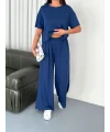 Osy Modal Yumuşak Dokulu Kumaş Bisiklet Yaka T-shirt Bol paça Pantalon ikili Takım -Saks Mavi