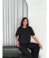 Osy Modal Yumuşak Dokulu Kumaş Bisiklet Yaka T-shirt Bol paça Pantalon ikili Takım -Siyah