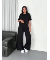Osy Modal Yumuşak Dokulu Kumaş Bisiklet Yaka T-shirt Bol paça Pantalon ikili Takım -Siyah