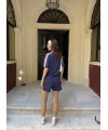 Osy Modal yumuşak dokulu Kumaş Kadın Parçalı Bisiklet Yaka T-shirt Mini Şortlu Etek İkili Takım -Lacivert