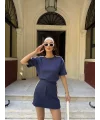 Osy Modal yumuşak dokulu Kumaş Kadın Parçalı Bisiklet Yaka T-shirt Mini Şortlu Etek İkili Takım -Lacivert