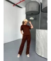 Osy Modal Yumuşak Dokulu Kumaş Kısa Kollu Bluz Rahat Pantalon ikili Takım- Kahverengi