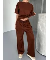 Osy Modal Yumuşak Dokulu Kumaş Kısa Kollu Bluz Rahat Pantalon ikili Takım- Kahverengi
