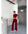 Osy Modal Yumuşak Dokulu Kumaş Kısa Kollu Crop Alt ispanyol Paça Pantalon ikili Takım - Bordo