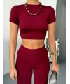 Osy Modal Yumuşak Dokulu Kumaş Kısa Kollu Crop Alt ispanyol Paça Pantalon ikili Takım - Bordo