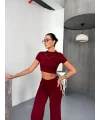 Osy Modal Yumuşak Dokulu Kumaş Kısa Kollu Crop Alt ispanyol Paça Pantalon ikili Takım - Bordo