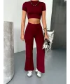 Osy Modal Yumuşak Dokulu Kumaş Kısa Kollu Crop Alt ispanyol Paça Pantalon ikili Takım - Bordo