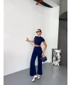 Osy Modal Yumuşak Dokulu Kumaş Kısa Kollu Crop Alt ispanyol Paça Pantalon ikili Takım - Lacivert