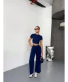 Osy Modal Yumuşak Dokulu Kumaş Kısa Kollu Crop Alt ispanyol Paça Pantalon ikili Takım - Lacivert