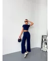 Osy Modal Yumuşak Dokulu Kumaş Kısa Kollu Crop Alt ispanyol Paça Pantalon ikili Takım - Lacivert