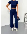 Osy Modal Yumuşak Dokulu Kumaş Kısa Kollu Crop Alt ispanyol Paça Pantalon ikili Takım - Lacivert