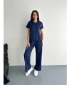 Osy Modal Yumuşak Dokulu Kumaş Kısa Kollu Yakalı T-shirt Pantalon ikili Takım- Lacivert