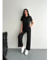 Osy Modal Yumuşak Dokulu Kumaş Kısa Kollu Yakalı T-shirt Pantalon ikili Takım- Siyah