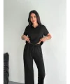 Osy Modal Yumuşak Dokulu Kumaş Kısa Kollu Yakalı T-shirt Pantalon ikili Takım- Siyah