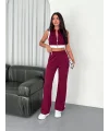 Osy Modal Yumuşak Dokulu Kumaş Tam Fermuarlı Crop Pantalon İkili Takım - Bordo