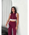 Osy Modal Yumuşak Dokulu Kumaş Tam Fermuarlı Crop Pantalon İkili Takım - Bordo