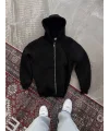 Oversize Tam Fermuarlı Uzun Kol Hırka - Siyah