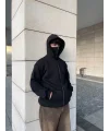 Samuray Ninja Çift Kapşonlu ZIP Fermuarlı Kanguru Çepli Tam Fermuarlı Hoodie Swetshirt - Siyah