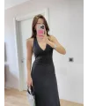 Sırt dekolteli Uzun Elbise - Siyah