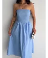 Straplez Pileli Elbise - Açık Mavi