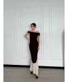 Striptiz Omuzlu Uzun Elbise- Kahve