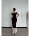 Striptiz Omuzlu Uzun Elbise- Kahve