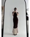Striptiz Omuzlu Uzun Elbise- Kahve