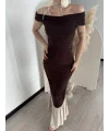 Striptiz Omuzlu Uzun Elbise- Kahve