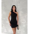Tek Omuzlu Kolsuz Mini Boy Elbise - Siyah